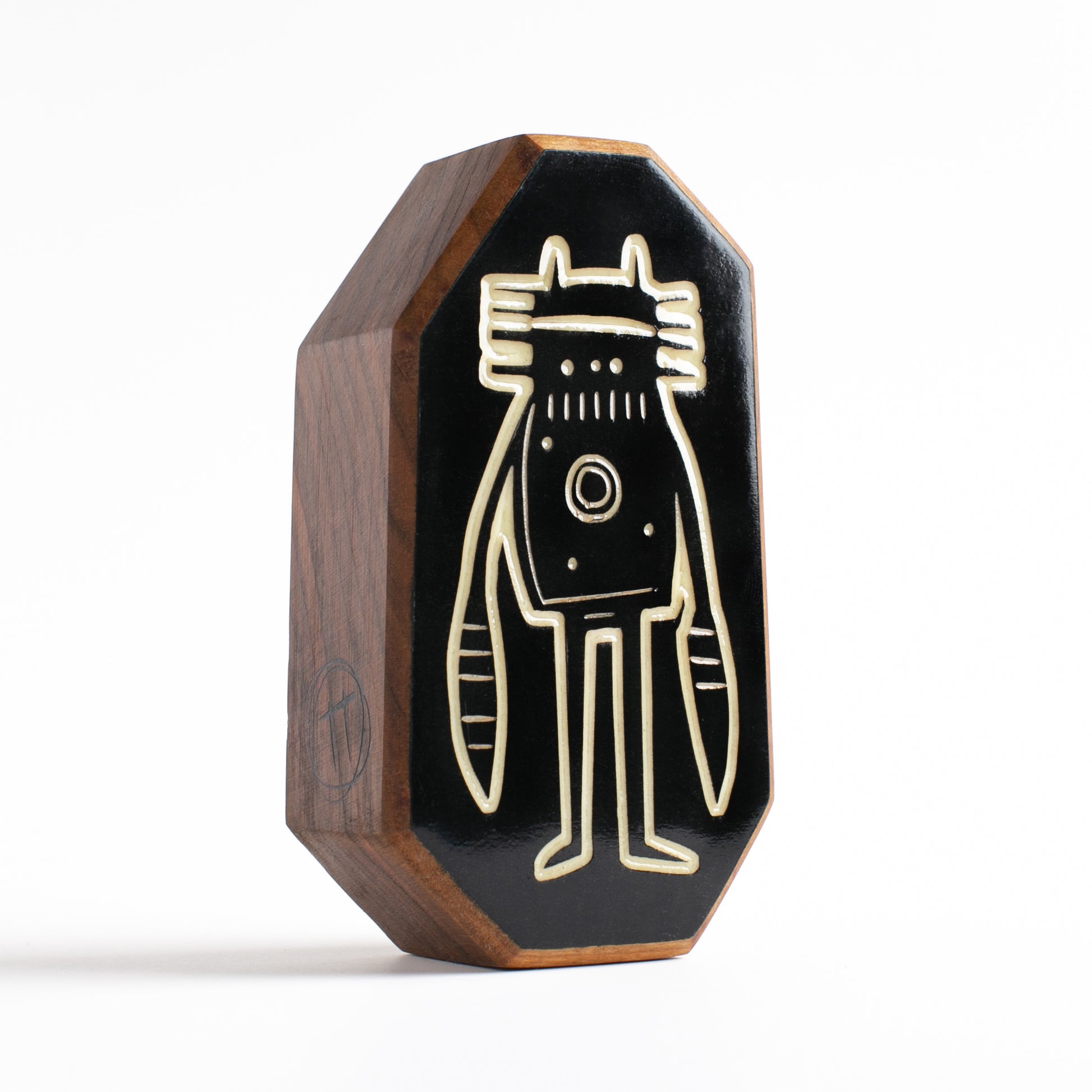 Cherry wood robot charm with glow-in-the-dark design for children’s bedtime reassurance