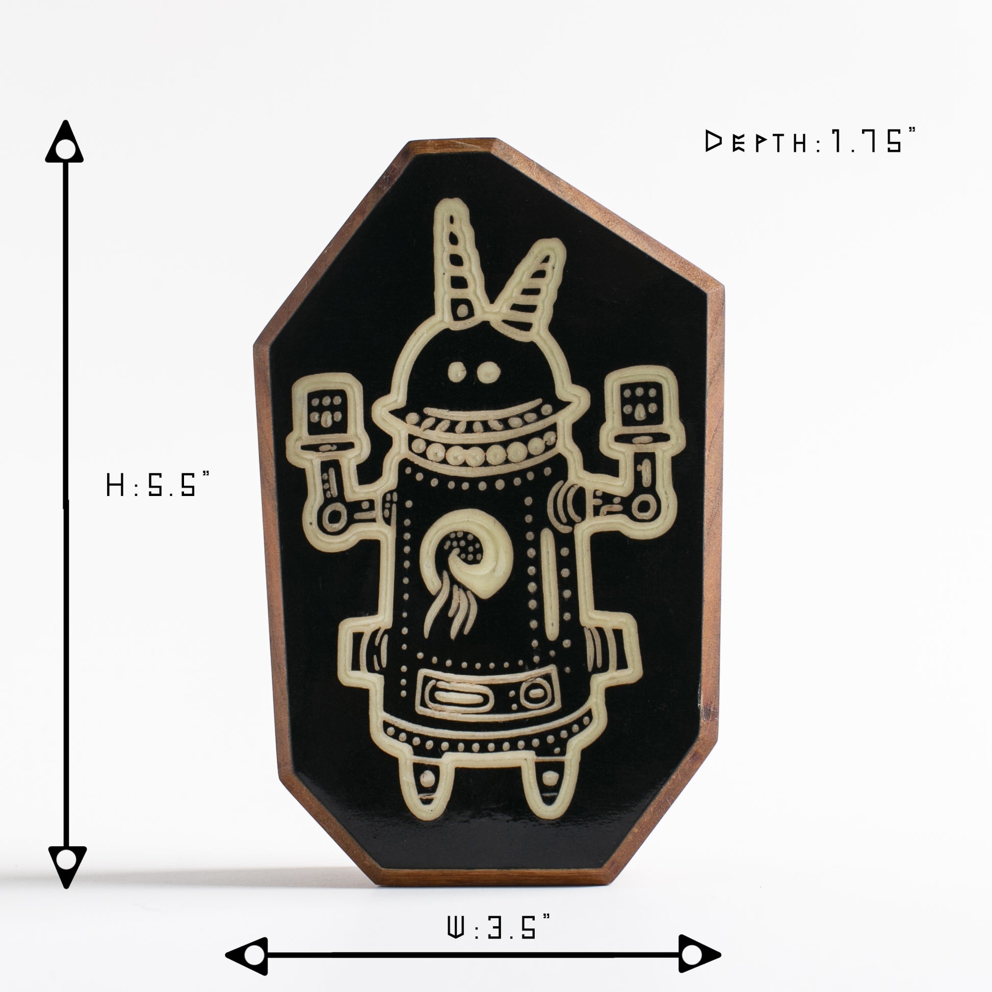 Cherry wood charm featuring Buzznork the robot, glowing softly for bedtime comfort