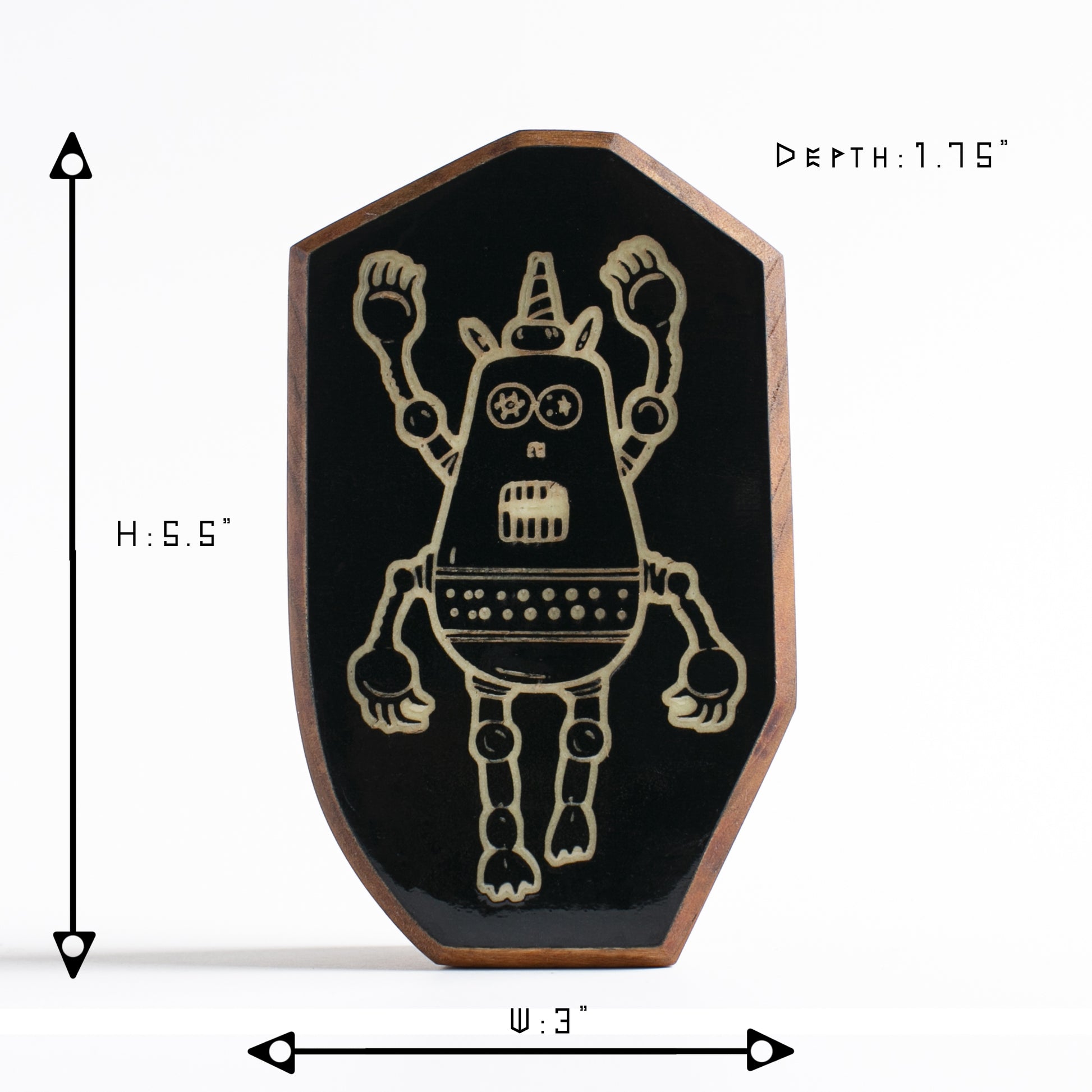 Cherry wood glow talisman featuring Plazmorp the calming robot protector