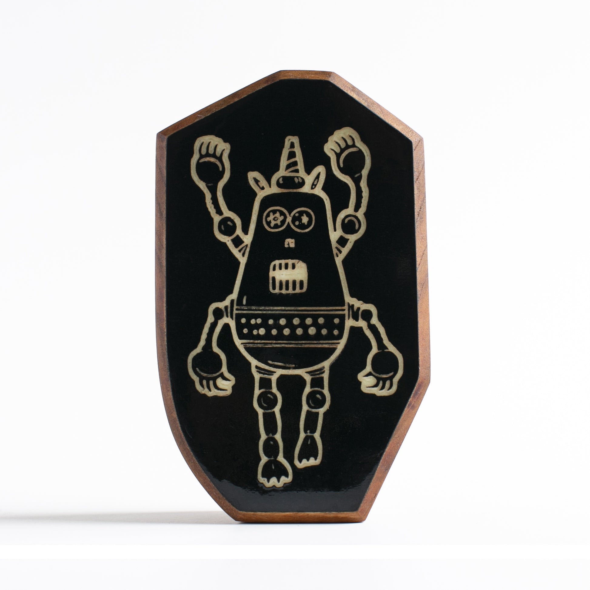 Handcrafted glow-in-the-dark talisman featuring Plazmorp the time-traveling robot