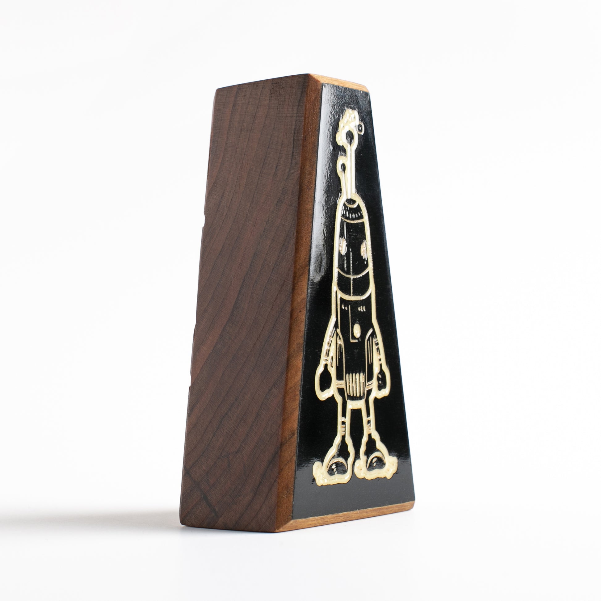 Handmade wooden robot guardian Blizznook, glowing softly for peaceful sleep
