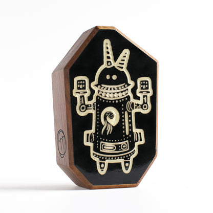 Cherry wood glow charm with Buzznork design for kids’ nighttime reassurance
