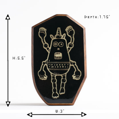 Cherry wood glow talisman featuring Plazmorp the calming robot protector
