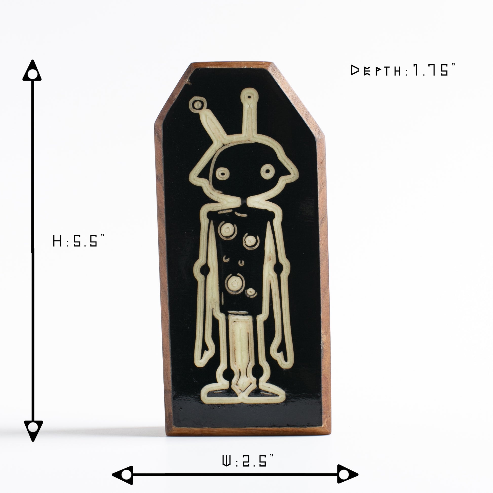 Cherry wood glow talisman featuring Zybotronk the robot protector of dreams
