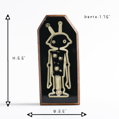 Cherry wood glow talisman featuring Zybotronk the robot protector of dreams
